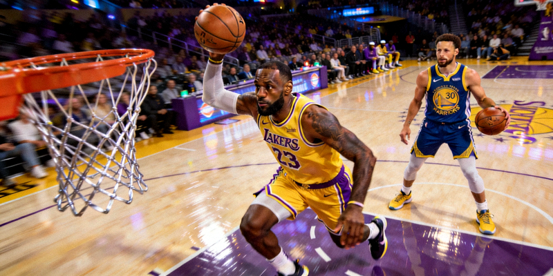 NBA常规赛湖人队与勇士队比赛中，詹姆斯突破上篮，库里外线持球观察的精彩对抗画面
